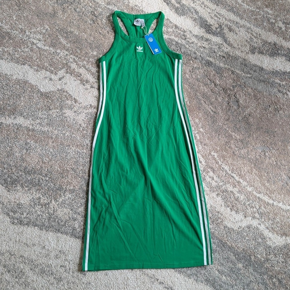 Adidas Originals Long Tank Dress Green White 3-Stripe Racerback Midi Size M - Picture 3 of 8